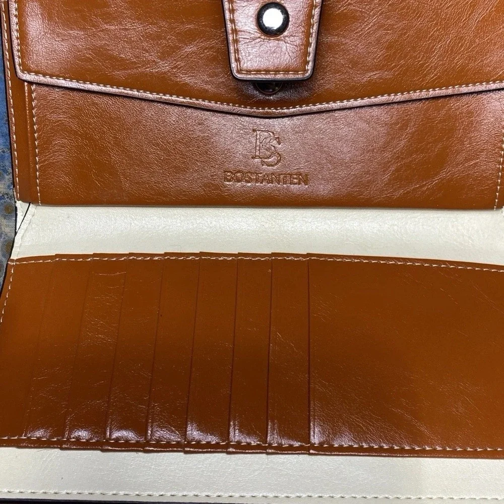 Large 20 Card Slot Bostanten Womens Wallet Leather Ivory Tan